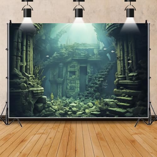 15x8ft Underwater Backdrop Undersea Roman Building Gothic Style Palace Mid Century Photography Background Aquarium Building Stone with Fish Seaweed Deep Sea Sunlight Decor - size: 15x8ft