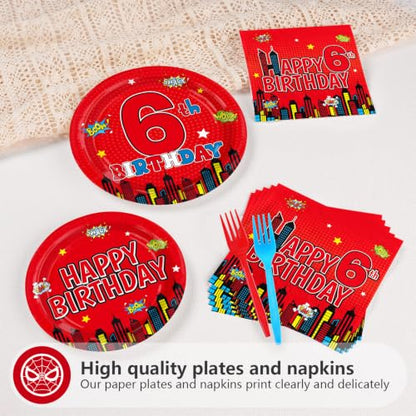 Greencian 96Pcs Red 6th Birthday Party Decorations, Serve 24 | 6th Birthday Plates and Napkins Red Disposable Tableware for Boys 6 Year Old Birthday Party Supplies - style: Spider Birthday Kit