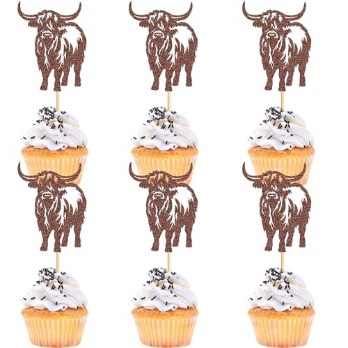 Ercadio 24 Pack Highland Cow Cupcake Toppers Brown Glitter Farm Animals Brown Highland Cattle Cake Picks Gender Reveal Theme Baby Shower Kids Boys Girls Birthday Party Cake Decorations Supplies - color: Brown -5