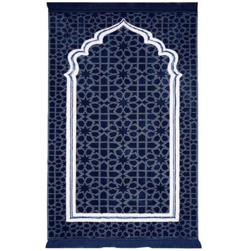 Modefa Muslim Prayer Rug - Large Plush Velvet - Andalus (Navy Blue) | For Islamic prayers, salah. For men or women; thick plush soft praying mat - color: Navy Blue