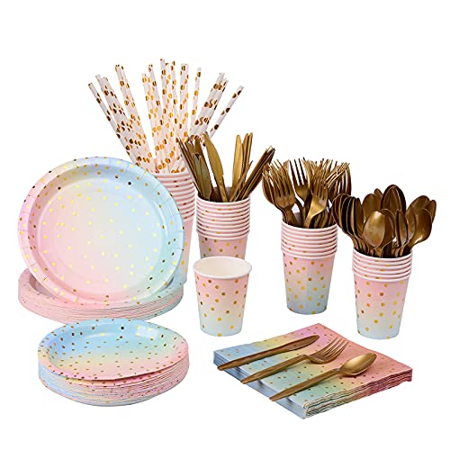 201PCS Rainbow Pastel Party Supplies Set-Disposable Paper Dinnerware Serves 25, Pastel Paper Plates Napkins Cups&Gold Plastic Silverware Sets for Wedding Birthday Baby Shower Holiday Parties - color: Colorful
