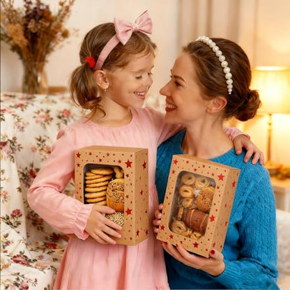 24 Pack Brown Cookie Boxes, 9x6x3Inch Red Star Baking Boxes for Gift Giving,Kraft Boxes with Window,Holiday Treat Boxes for Pastry,Cookie Tin Containers Box for Baked Goods Packaging - color: Red Star-Brown