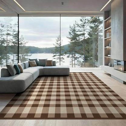 8'x10' Washable Flatwoven Rug, Beige Farmhouse Plaid Stain Resistant Extra Large Carpet Non-Slip Chair-Friendly Mat for Dining Room, Large Office, Lounge | Ref:1910430 - color: Beige/Pattern 31, size: 8' x 10' (Rectangular)