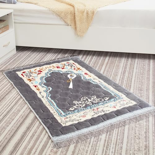 Muslim Prayer Rug with Tasbih Prayer Beads, Soft Large Prayer Matt Islam, Padded Islamic Prayer Mat Thick for Men and Women, Janamaz, Sajadah (31.5" x 47.2", Grey) - color: Grey