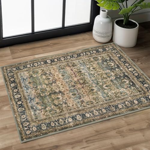 SIILOOM 2x3 Washable Rug Soft Area Rug for Entryway, Olive Charcoal Slip-Resistant Indoor Door Mat Tribal Floral Low-Pile Kitchen Rugs, Vintage Tribal Carpet for Entrance Kitchen Farmhouse - color: Olive/Charcoal, size: 2' x 3' (Rectangular)