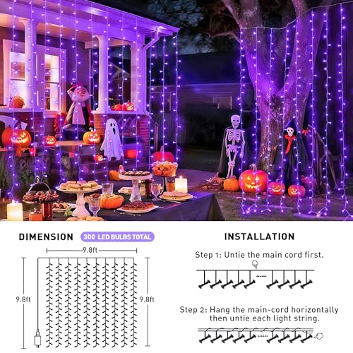 JMEXSUSS 300LED Purple Halloween Lights, 9.8x9.8ft Curtain Lights Plug in - color: Purple, size: 300 LED
