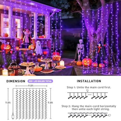 JMEXSUSS 300LED Purple Halloween Lights, 9.8x9.8ft Curtain Lights Plug in - color: Purple, size: 300 LED