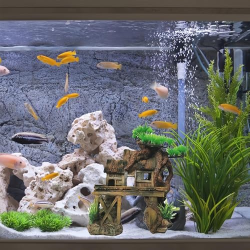 kathson Aquarium Decorations Fish Tank Ornaments House on Terrace with Tree Root Resin Handicrafts for Betta Fish