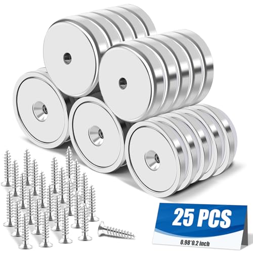 E BAVITE Strong Neodymium Magnets with Screws Silver, 25 Pack | 60 Lbs Rare Earth Magnets with Heavy Duty, Cup Magnet with Countersunk Hole and Stainless Screws for Kitchen, Craft, Office - color: Silver, size: 25mm-25P