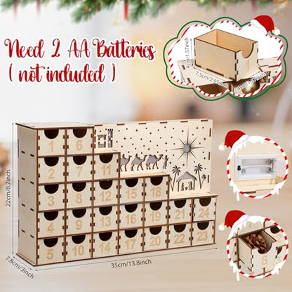 Nuanchu Lighted Christmas Wooden Advent Calendar with 24 Drawers DIY Empty Advent Calendars to Fill Countdown to 2026 Christmas Reusable Nativity Scene Decor Make Your Own Gifts Box for Xmas Adults