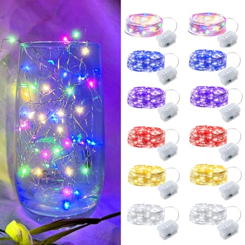 12 Pack Led Fairy Lights - 6 Colors, Battery Operated LED Silver Wire String Lights, 7FT 20LED Mini Firefly Starry String Lights Waterproof Led Twinkle Lights for Mason Jar DIY Christmas Decor - color: Mix-Color