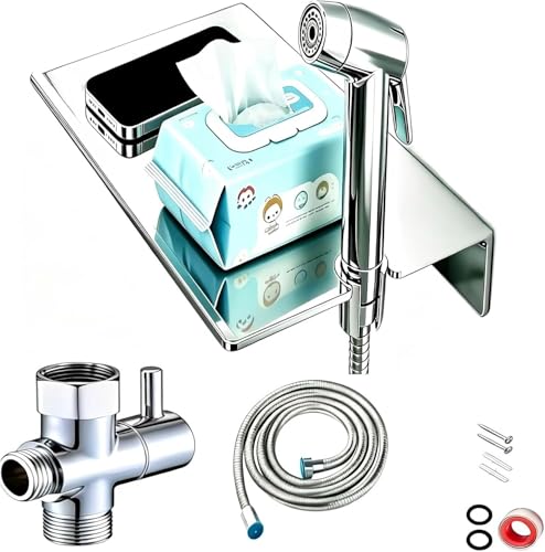 Handheld Bidet Sprayer for Toilet & Muslim Shower Kit with Storage Shelf, Brass T-Valve, Adjustable Pressure, No Drip, Easy Install, Feminine Care, Diaper & Pet Wash, Ceruleanix