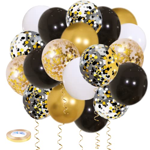 Zesliwy Black Gold Confetti Balloons 50 pack - 12 Inch Gold White and Black Confetti Balloons with Ribbons for Graduation Birthday Wedding Party Decorations - color: Black Gold White
