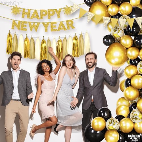 KatchOn, Happy New Year Gold Star Garland - Large, Pack of 99 | New Year Balloon Garland Kit, Happy New Year Decorations 2024, NYE Decorations 2024 | Foil Tassel Garland for NYE decorations 2024
