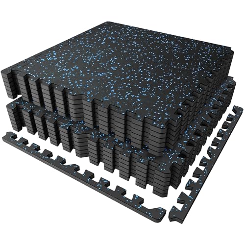 PRAISUN 0.56" Rubber Top Gym Flooring, Heavy Duty Interlocking Gym Mats for Home Gym, Non-Slip Workout Mat, 24 x 24in Large Gym Floor Mat, Protect Floors from Weights & Equipment, 48 Sq Ft, Black/Blue - size: 12 Tiles (48 Sq Ft)