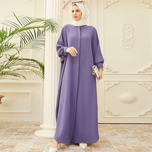 ODASDO Muslim Dresses for Women Abaya Button Down Henley Shirt Prayer Dress Batwing Long Sleeve Middle East Arabian Robe - color: Purple