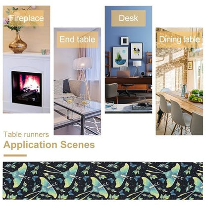 Bohemia Butterfly Moth Table Runner, Boho Wildflower Moon Phase Botanical Print Table Runner for Home Kitchen Dining Patio Holiday Party 13x36in - color: Moth-2, size: W13''xL36''