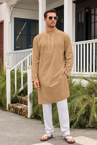Runcati Mens Kaftan Thobe Button Down Casual Henley Shirts Long Sleeve Robe Cotton Linen Muslim Gown Shirt - color: Khaki, size: Medium
