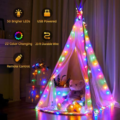 Minetom 색상 변경 별 스트링 조명 - 7m(23피트) 50개의 LED 라마단 장식 별 요정 조명, 리모컨 및 타이머 포함, 16가지 색상 및 7가지 모드, 침실 파티 실내 장식용 USB 전원 스트링 조명 - size: 23 FT