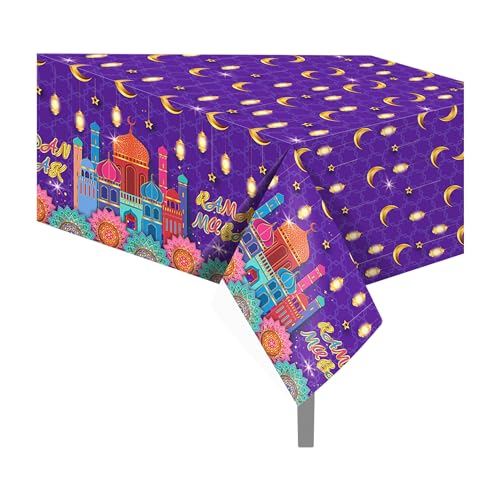 1Pc Ramadan Party Plastic Tablecloth 54 x 87 Inch Long Table Cover, House Light Purple Gold Party Tablecover for Eid Mubarak Baby Shower Birthday Dinner Picnic Kitchen Event Use - color: House Light Purple Gold Ramadan