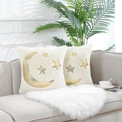 Holibeat Ramadan Throw Pillow Covers 18x18 inches Fluffy Sequin Decoration Pillowcases (Pack of 2) (3stars) - color: 3stars