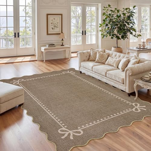 Garvee Scalloped Bow Rug for Living Room Washable Solid Brown 6x9 Area Rugs - color: Brown, size: 6' x 9' (Rectangular)