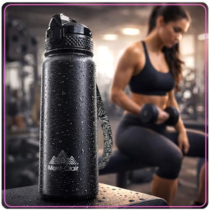 Mont-Clair Sport Water Bottle - 20oz Insulated Water Bottle with Straw - Patented Lid, BPA FREE, For Sports, Gym, Cycling, Bike - Quick Hydration - Black - color: Black