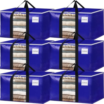 BlissTotes 6 Pack Moving Bags with Clear Window, Storage Bags with Strong Carrying Handles & Zippers,Large Packing Bags for Saving Space, Alternative to Moving Boxes(Blue,33 Gallon)