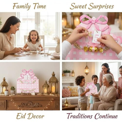 Wooden Eid Advent Calendar with Holder, Reusable Ramadan Countdown, Water Color Bows, Table Home Decor
