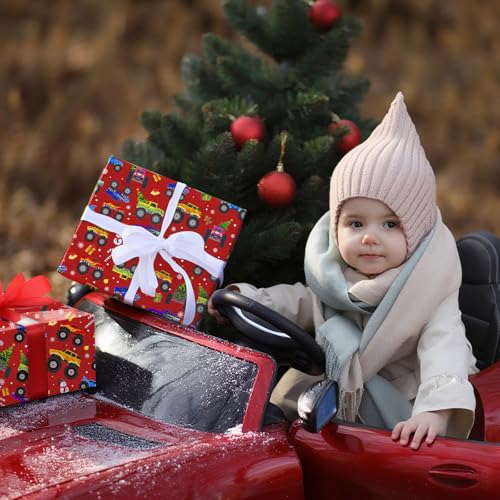Cuitpan Red Monster Truck Christmas Wrapping Paper - Xmas Gift Wrap with Holiday Trees, Snowmen & Gingerbread Men Design - Ideal for Kids & Adults Gift Wrapping - 40×28 Inches, 4 Folded Sheets - color: Red-Monster Truck Christmas