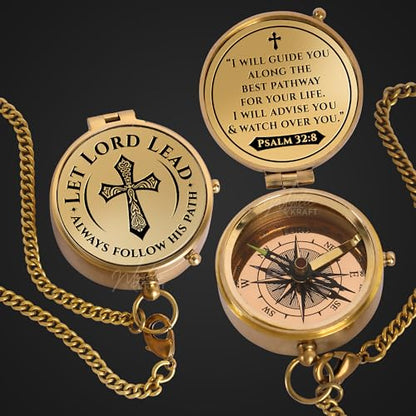 Engraved Brass Pocket Compass Gift - Psalm 32:8, First Communion Gifts, Baptism Gifts for Boys, Confirmation Gifts, Gifts for Men, Catholic Religious Christian Easter Gifts for Kids