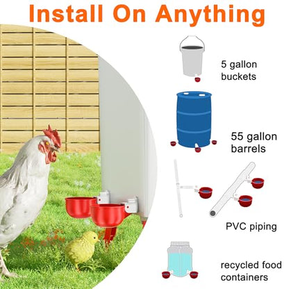 Automatic DIY Chicken Water Cup, Chicken Waterer Cups 6 Pack | Chicken Flock Waterer Cups with 3/8'' Hole Saw for Bucket, Trough, Easy Install