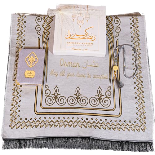 IEF Personalized Embroidered Prayer Rug Prayer Beads Yaseen Dua Book Quran Islamic Gift Set Ramadan Eid Hajj Umrah Wedding Birthday Mother's Day Father's Day Valentine's Day Gifts (Gray) - color: Gray
