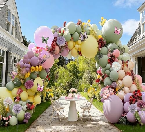 Green Pink Purple Balloon Arch Double Stuffed Pink Yellow Sand White Balloon Garland with Bionic Flower Leaf Butterfly Stickers for Spring Birthday Garden Wildflower Baby Shower Easter Party Decor - color: Green Pink Purple