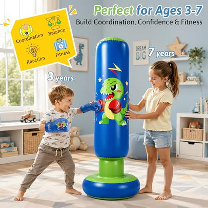RORALA 66 Inch Inflatable Punching Bag for Kids with Boxing Gloves, Children's Boxing Bag Set Dinosaur Toy & Gifts for Boys Girls Aged 3 to 12 to Practice Karate, Taekwondo