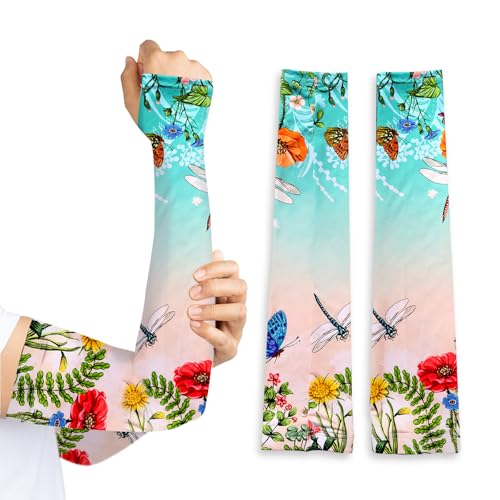 BVB Gardening Sleeves for Women, Sun Protection Thorn Proof Cooling Arm Sleeves to Cover Arms for Farm Garden Sports - color: Cyan Dragonfly