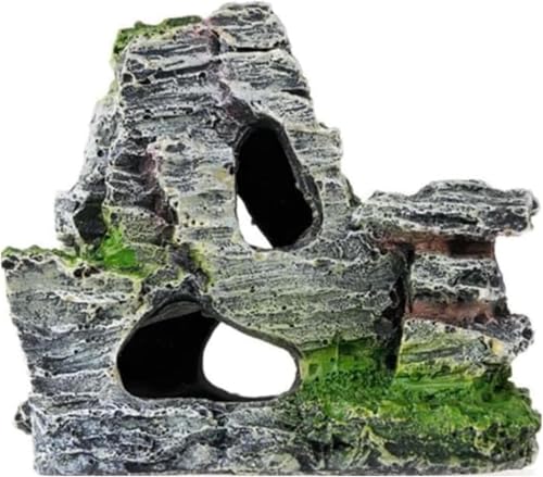 Resin Aquarium Mountain Decor with Moss Rock Cave - Multi-Level Terrain for Fish Tank Landscaping, Natural-Looking Rockery Design with Hidden Cave and Crevices for Shrimp, Reptile Habitat Aquascaping