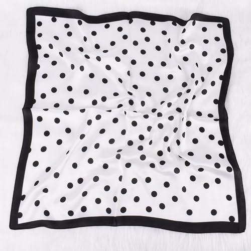 Head Scarf for Women Like Silk Satin Hair Scarves Polka Dot Printed Square Neck Handbags Scarf Bandanas 27.5 Inches - color: White