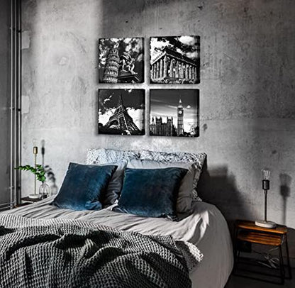 JiazuGo Black and White Building Wall Art for Living Room Contemporary European Famous Architecture Leaning Tower of Pisa Eiffel Parthenon London Elizabeth City Big Ben Canvas Pictures Paintings - color: Famous Buildings