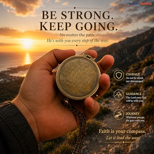 Be Strong and Courageous Compass – Antique Nautical Magnetic Compass with Engraved Scripture Quote – Baptism Gift with Wooden Box for Son, Father, Husband, Loved One