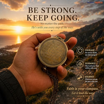 Be Strong and Courageous Compass – Antique Nautical Magnetic Compass with Engraved Scripture Quote – Baptism Gift with Wooden Box for Son, Father, Husband, Loved One