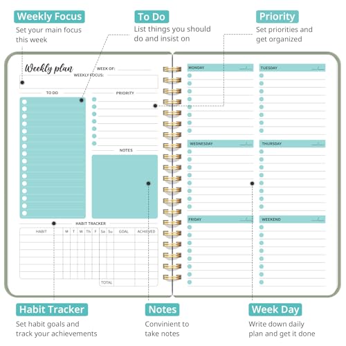 Taja Undated Weekly Planner, Weekly To Do List Notebook with Goal & Habit Tracker Organizer, A5 Weekly Planner Notebook with Spiral Binding, 6.1" x 8.2" - Green - color: a.Green
