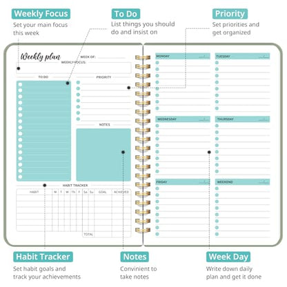 Taja Undated Weekly Planner, Weekly To Do List Notebook with Goal & Habit Tracker Organizer, A5 Weekly Planner Notebook with Spiral Binding, 6.1" x 8.2" - Green - color: a.Green