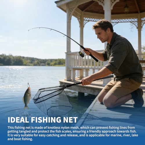 Floating Fishing Net with Telescoping Pole Handle 17-27 inch, Collapsible Fish Landing Net for Easy Transport & Storage,Ultralight Long Fish Net,Freshwater,Saltwater Fishing Gear