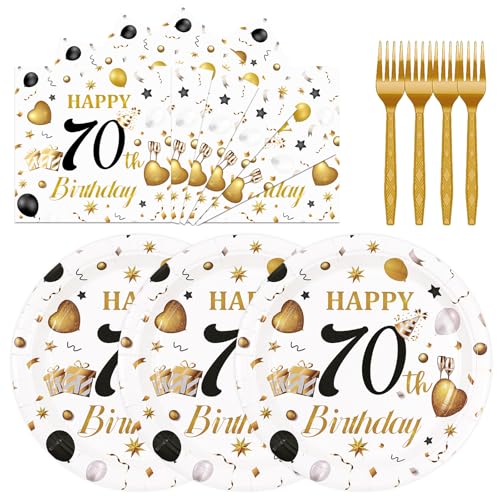 75PCS 70th Birthday Plates and Napkins Party Decorations, 7 Inch White and Gold Happy Birthday Paper Plates and Napkins Disposable Tableware Set 70 Year Old Birthday's Party Decor for Women Men - color: 70th White