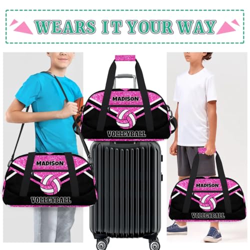 Personalized Volleyball Sports Bag, Custom Sport Duffel Bag Large Compartment Cheerleaders Dance Bag Weekender Bags Travel Bag, Bright Pink Glittering with Black - color: Hot Pink