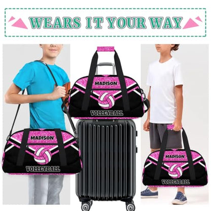 Personalized Volleyball Sports Bag, Custom Sport Duffel Bag Large Compartment Cheerleaders Dance Bag Weekender Bags Travel Bag, Bright Pink Glittering with Black - color: Hot Pink
