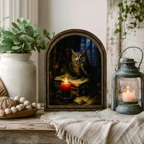 Owl Candle Arched Table Sign, Gothic Rustic Farmhouse Decor - color: Owl Candle Library
