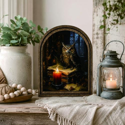 Owl Candle Arched Table Sign, Gothic Rustic Farmhouse Decor - color: Owl Candle Library