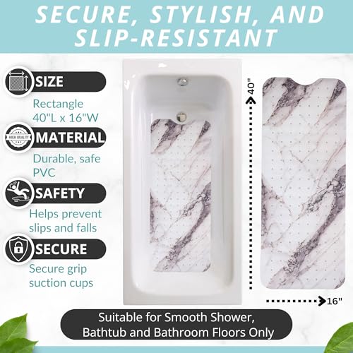ENKOSI Non-Slip Bath & Shower Mat 40x16 Extra Long, Suction & Drain Holes | Elegant Grey Marble print; Durable PVC; 40x16 in, Grey Marble - color: Marble Gray